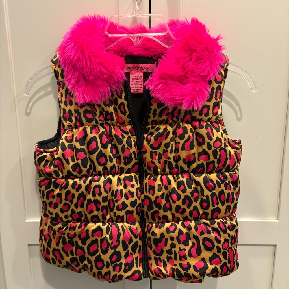 Betsey Johnson Pink and Black Faux Fur Collar Vest Girls Large